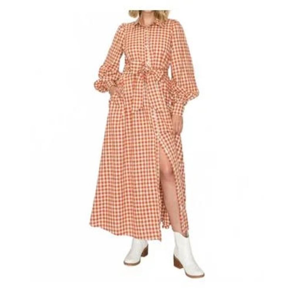 Love Wednesday Gingham Daydream Maxi Shirt Dress Belted Orange Size L - Picture 2 of 11